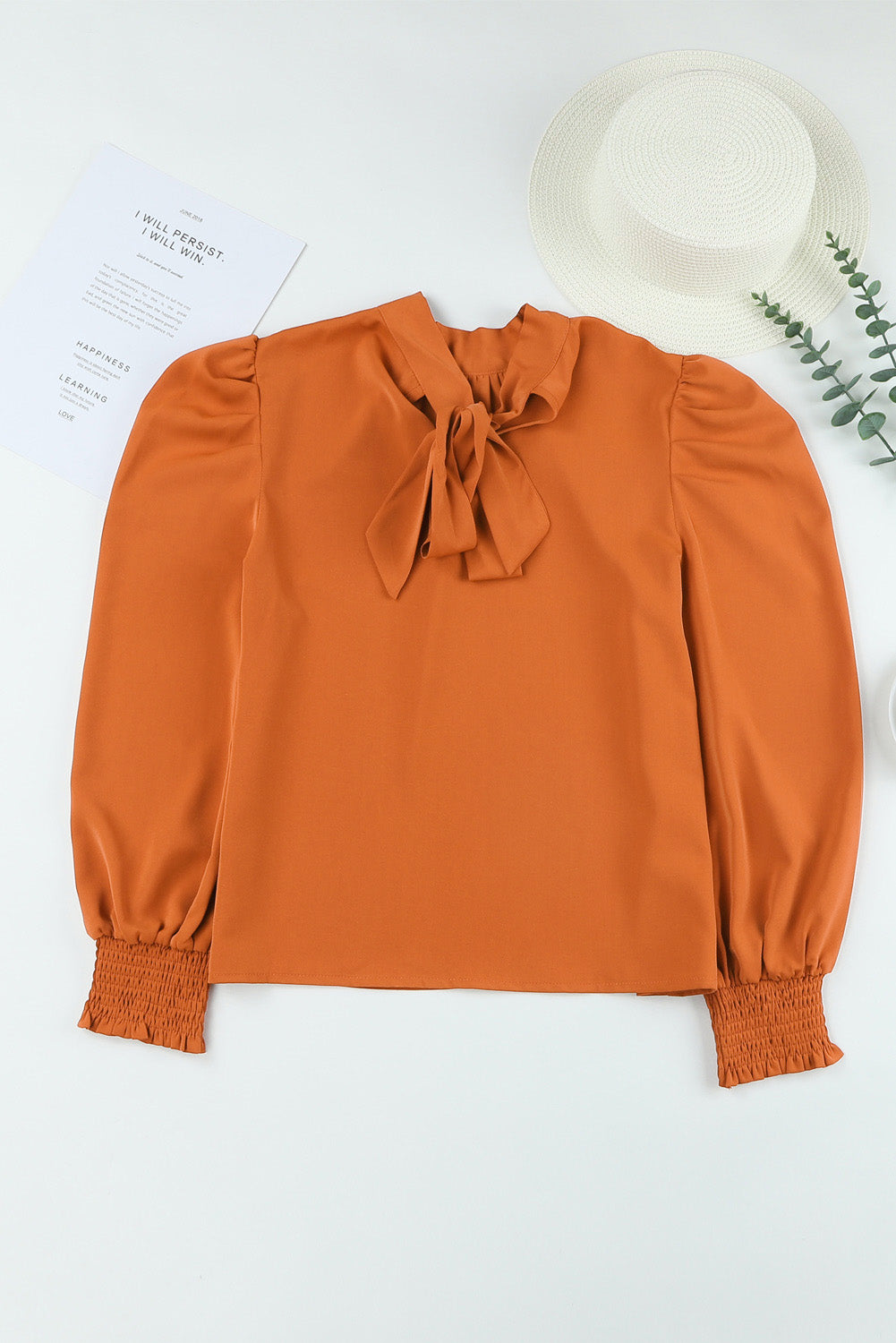 Orange Long Bubble Sleeve Mock Neck Chiffon Blouse