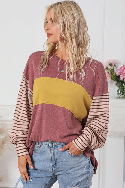 Fiery Red Colorblock Striped Bishop Sleeve Top