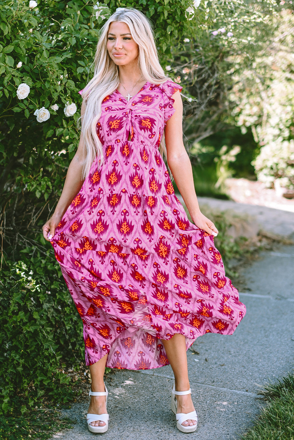 Bonbon maxi-jurk met retro print, gedraaide voorkant en ruches aan de mouwen