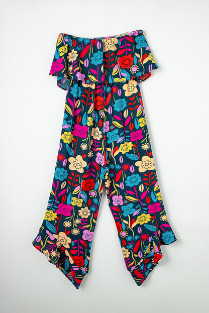 Roodmix strapless jumpsuit met ruches en tropische print