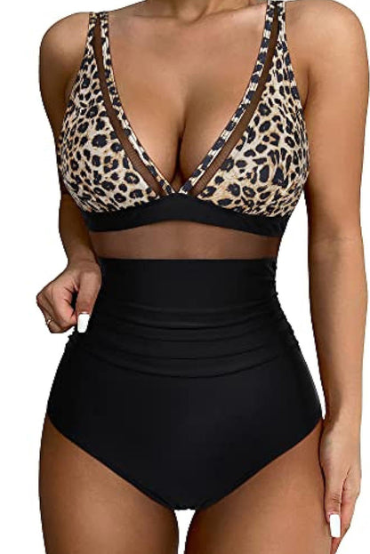 Bruine luipaard mesh inzetstuk met V-hals en hoge taille Monokini