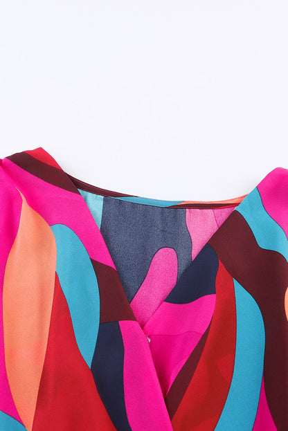 Vurig rode mini-jurk met abstracte print en pofmouwen met riem