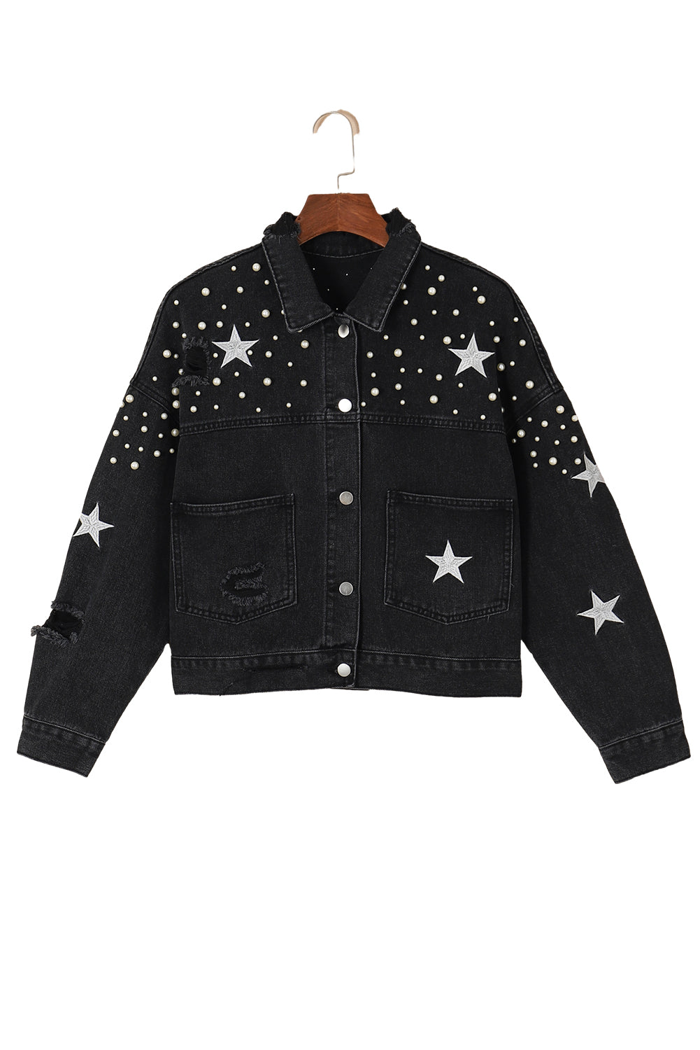 Zwart Distressed Pearls Star cropped spijkerjack