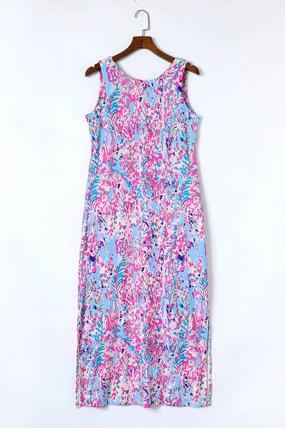 Paarse mouwloze maxi-jurk met abstracte bloemenprint