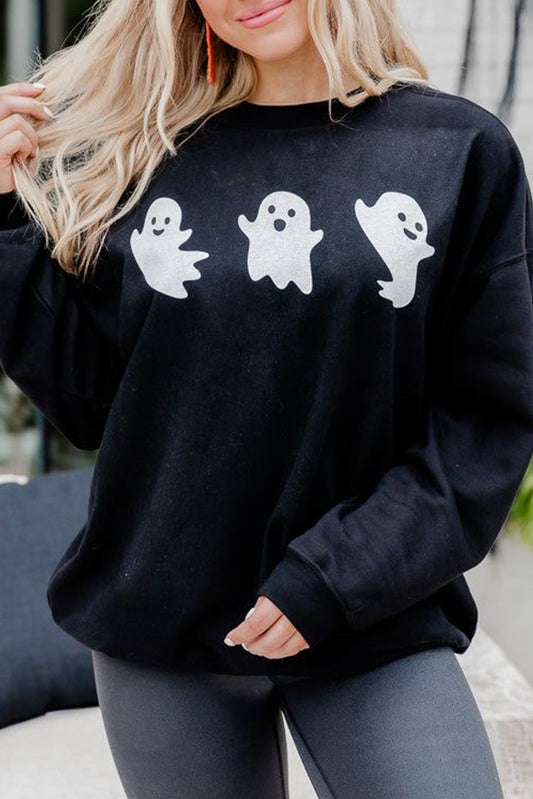 Zwarte Halloween Ghosts Print Ronde Hals Sweatshirt