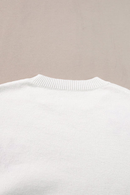 White Flower Pattern Ribbed Edge Elegant Sweater