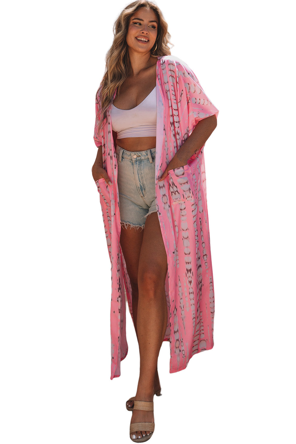 Roze Boheemse tie-dye oversized lange kimono