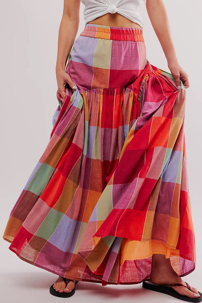 Multicolour Plaid Print Ruched High Waist Casual Maxi Skirt