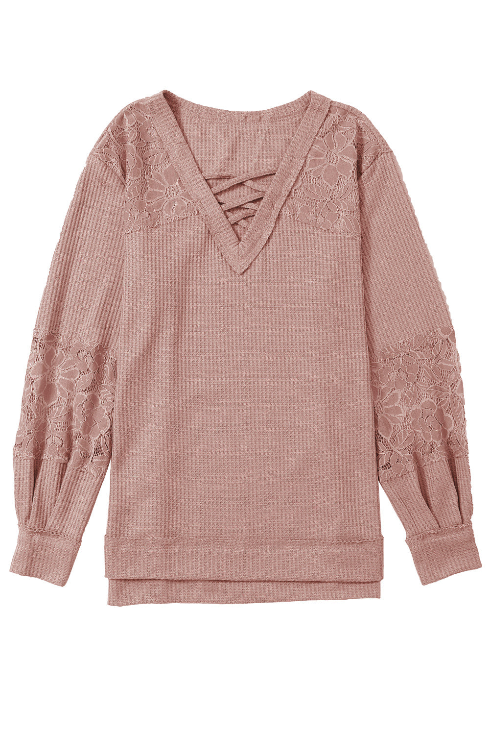 Pink Lace Waffle Patchwork Strappy V Neck Long Sleeve Top