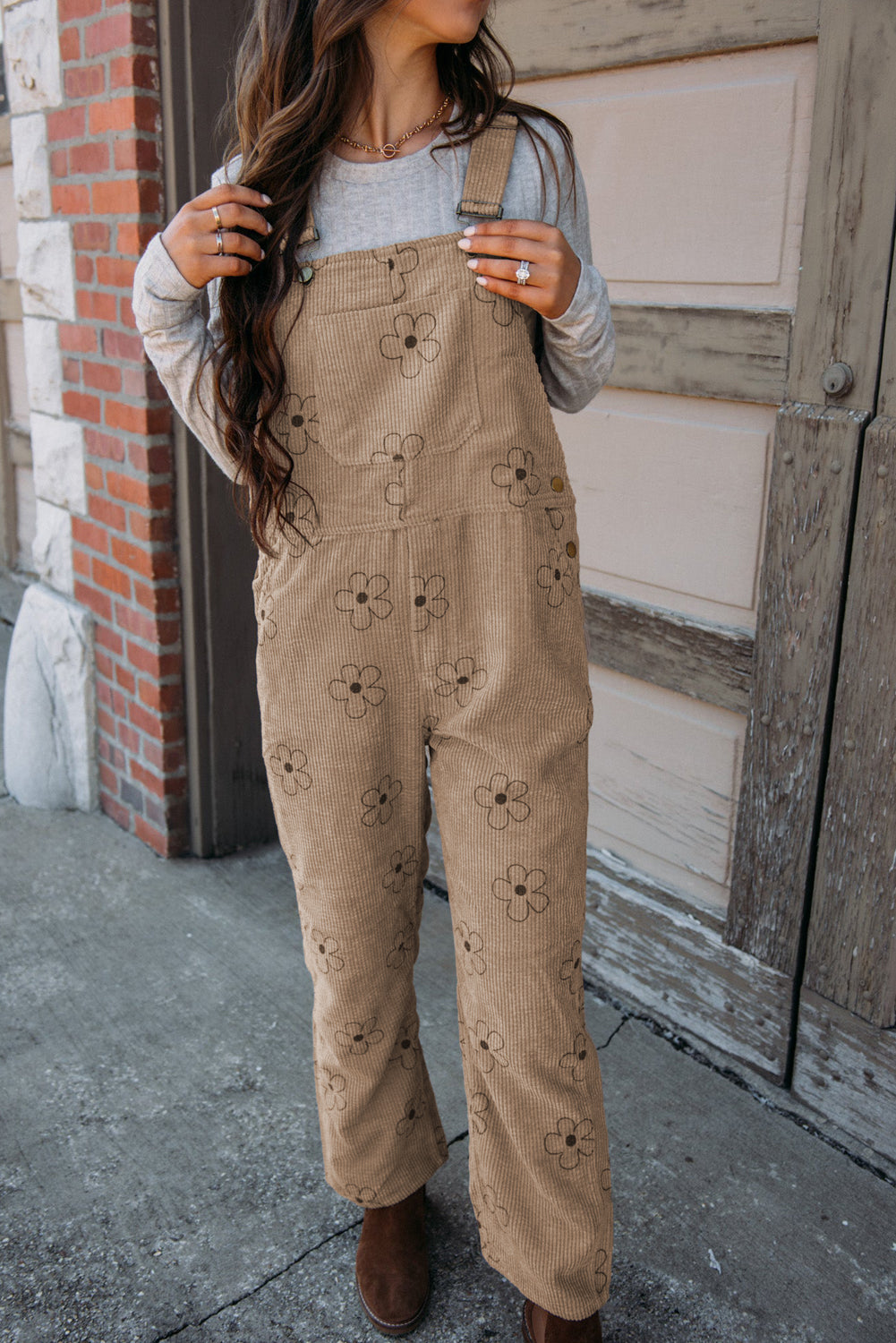 Kaki corduroy overall met bloemenprint