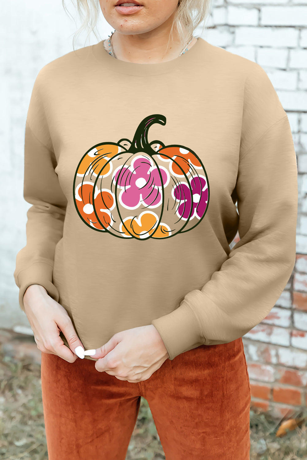 Khaki Halloween Floral Pumpkin Grafische Drop Schouder Sweatshirt