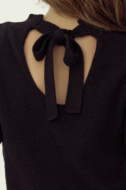 Black Knotted Keyhole Nape Short Sleeve Knit Sweater