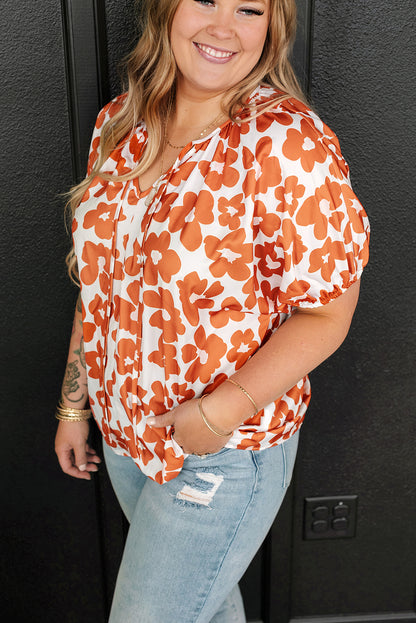 Oranje grote maat bloemenprint met trekkoord en V-hals, blouse met korte mouwen