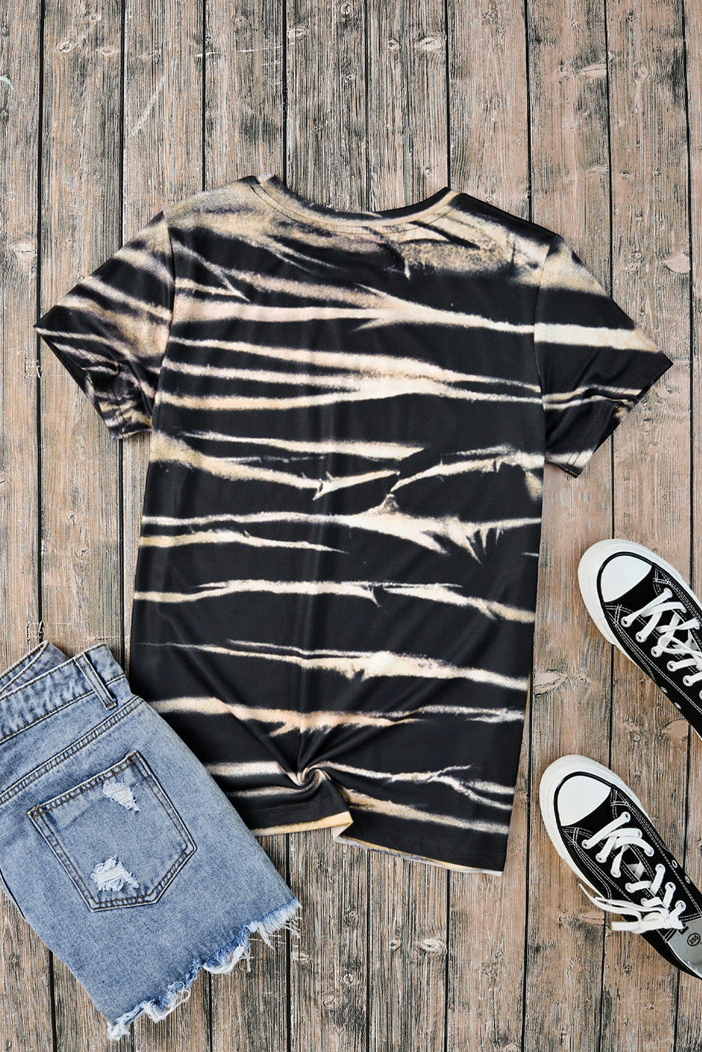 Blue Tie Dye Stripe Print Bleached T-Shirt