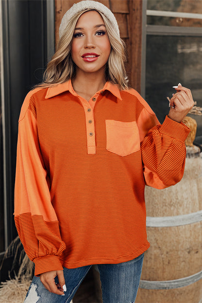 Orange Stripe Exposed Seam Henley Turn-down Neck Puff Sleeve Sweatshirt