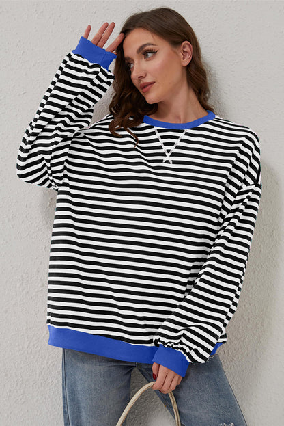 Black Stripe Oversized Contrast Trim Pullover Sweatshirt