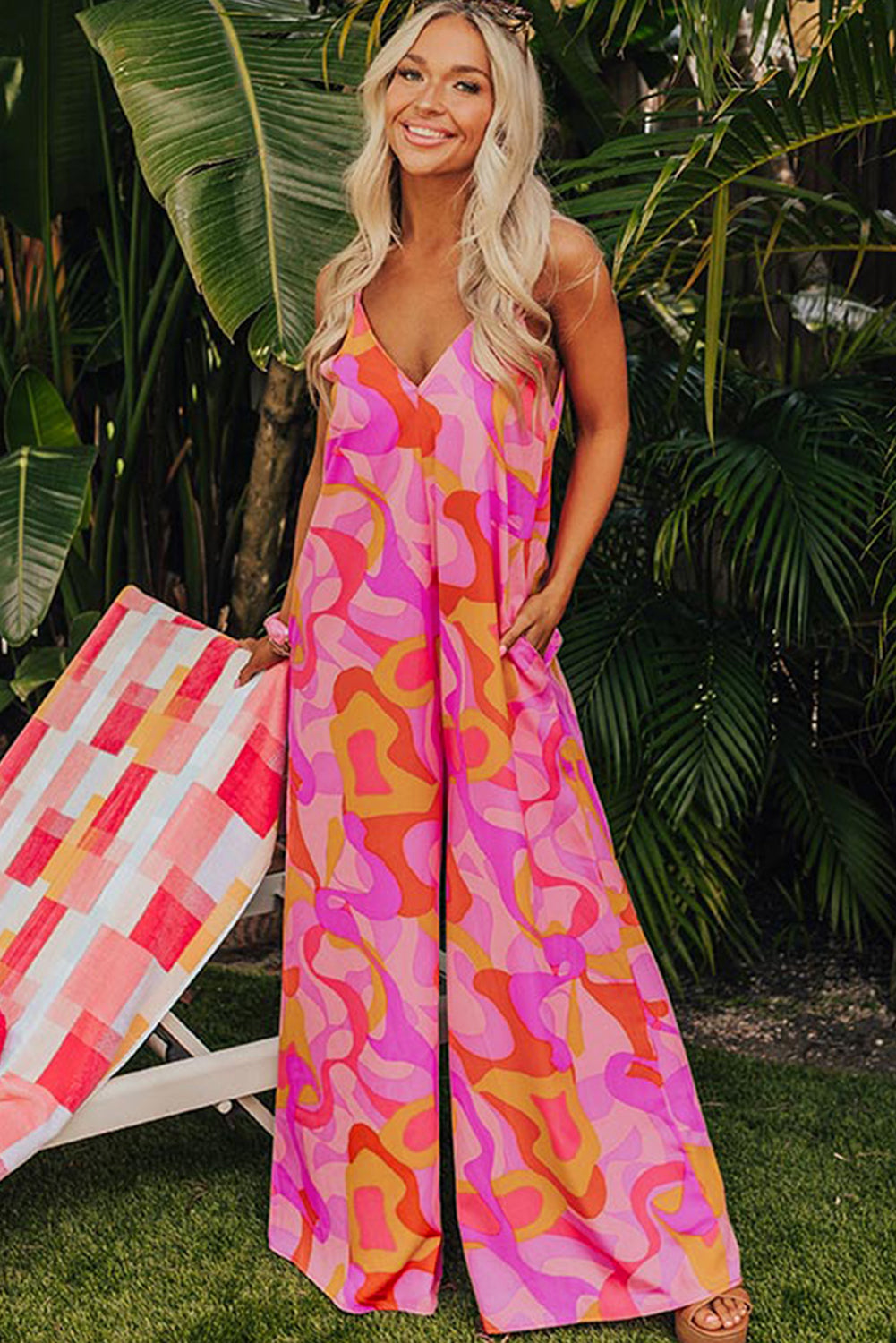 Roze Boho abstracte print V-hals jumpsuit met wijde pijpen