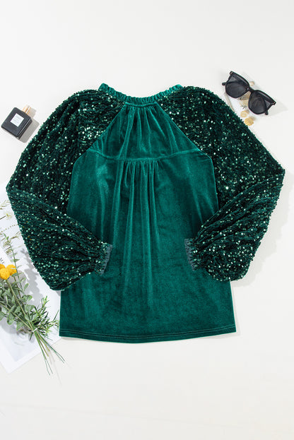 Evergreen Sequin Patchwork Mouw Knoopsluiting Fluwelen Top