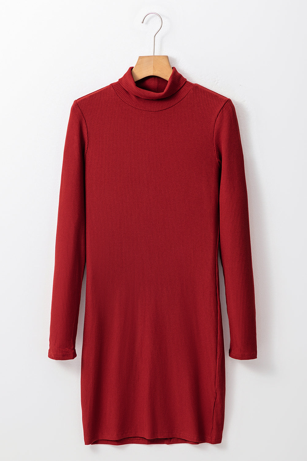 Racing Red Ribbed Knit Mini-jurk met lange mouwen en hoge hals