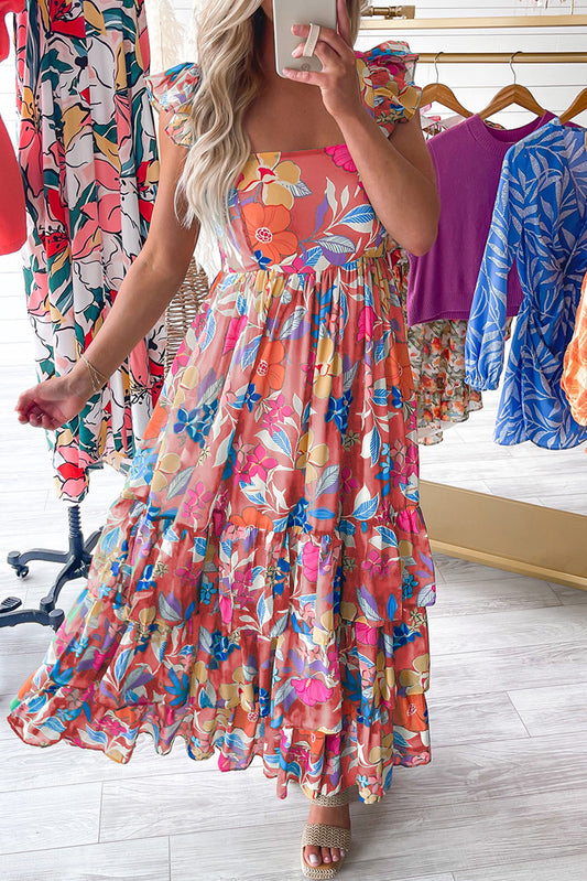 Roze mouwloze maxi-jurk met ruches en bloemenprint