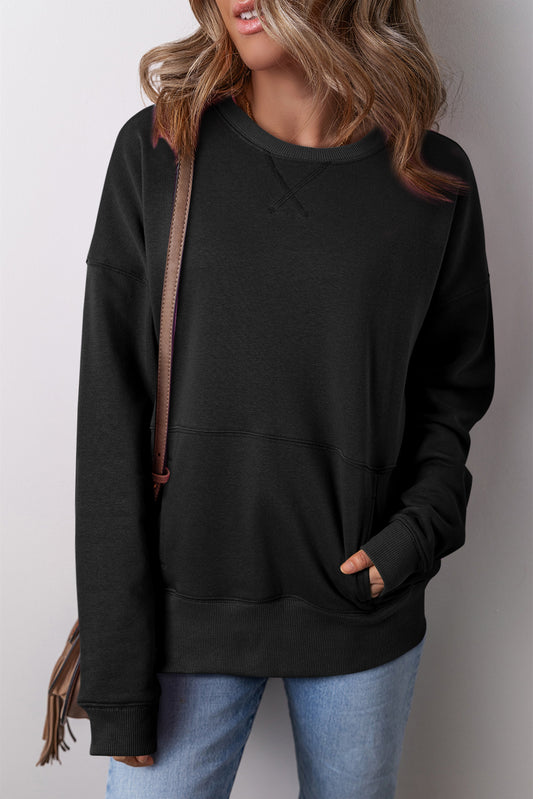 Zwart druppel schouder Crisscross Stitching Pocket Loose Sweatshirt