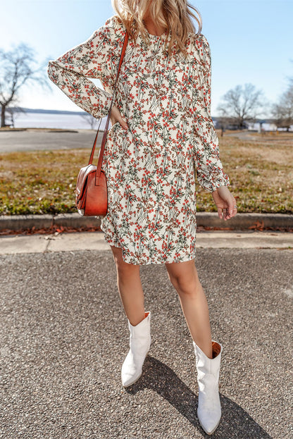 Witte bloemenprint mini-jurk met lange mouwen