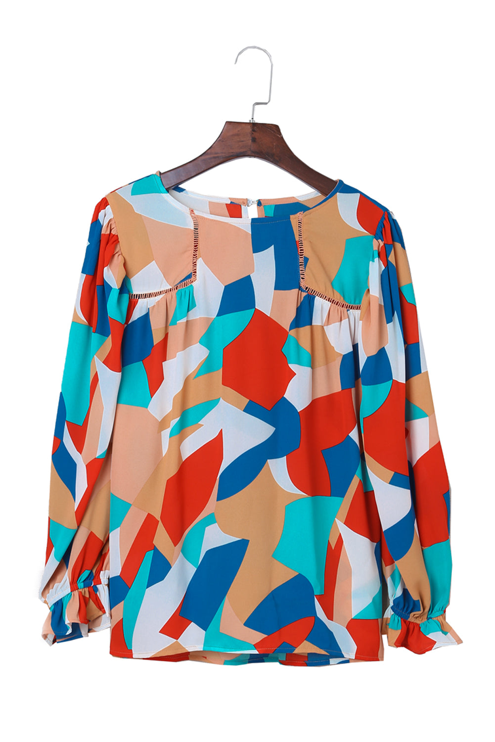 Multicolor Abstract Pattern Crewneck Ruffled Puff Sleeve Blouse