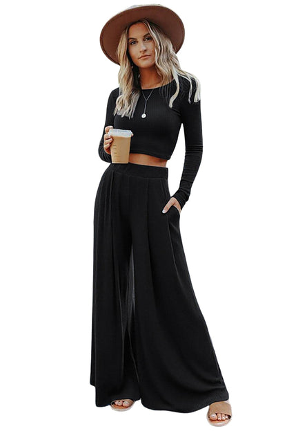 Zwarte effen kleur geribbelde crop top lange broek set