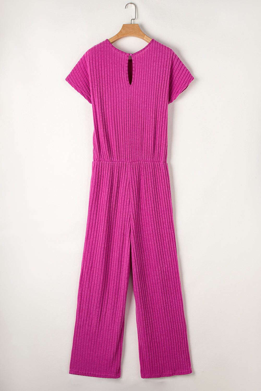 Rozerode effen kleur geribbelde jumpsuit met korte mouwen en wijde pijpen