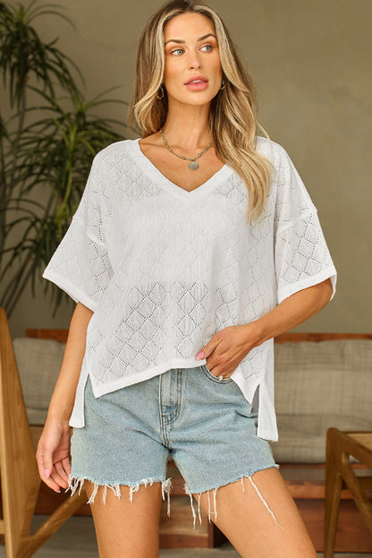 Witte v-hals gebreide flowy blouse