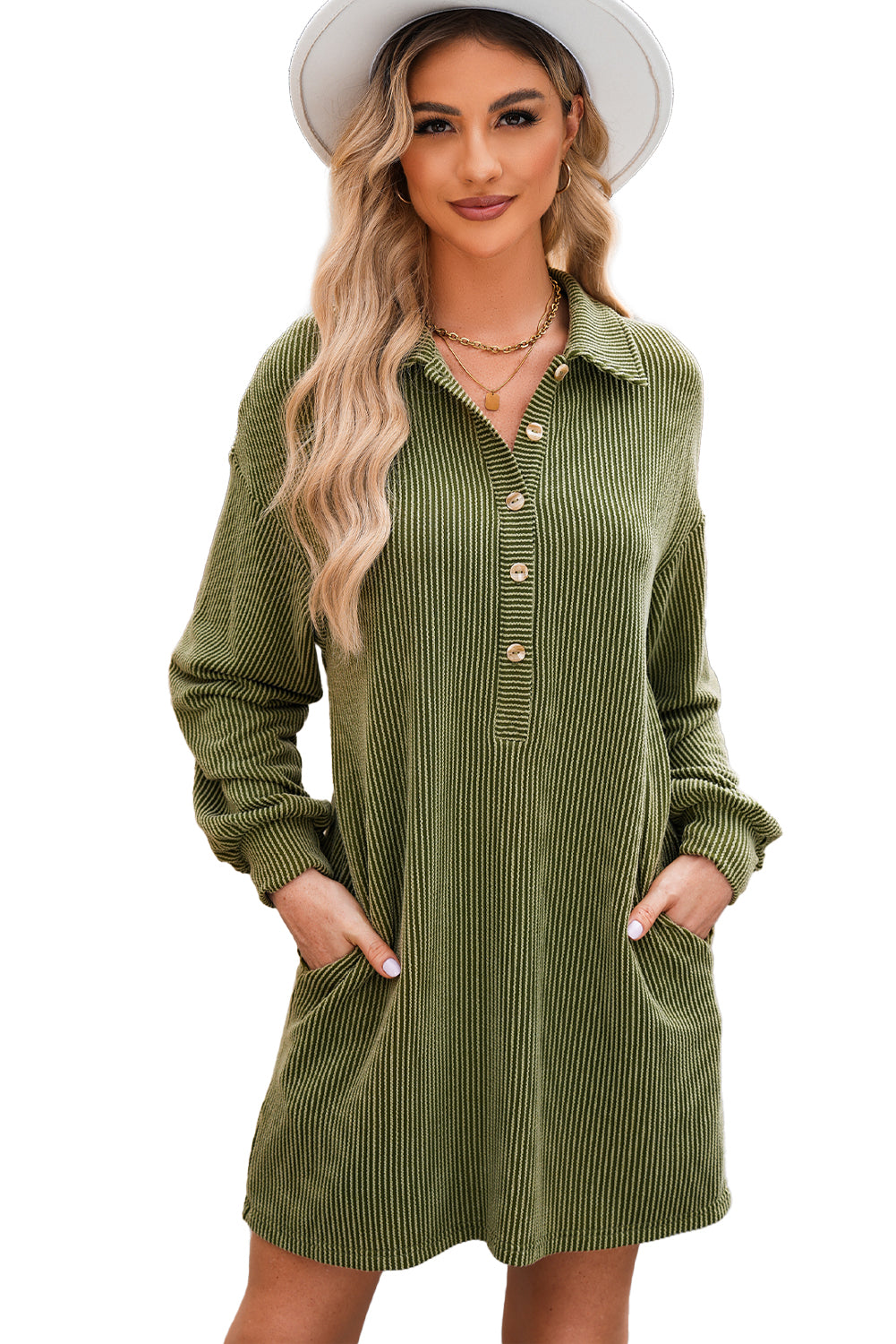 Mos groene snoer knoppen placket druppel schouder collared shift jurk