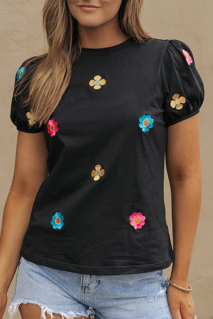 Zwart geborduurd T-shirt met korte pofmouwen en bloemen