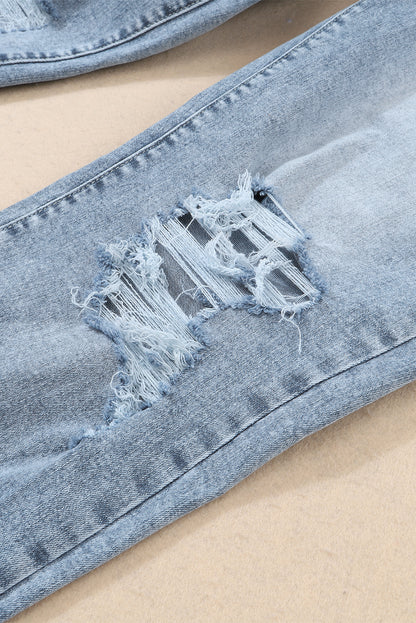 Hemelsblauwe, lichte wassing, gerafelde slim-fit jeans met hoge taille