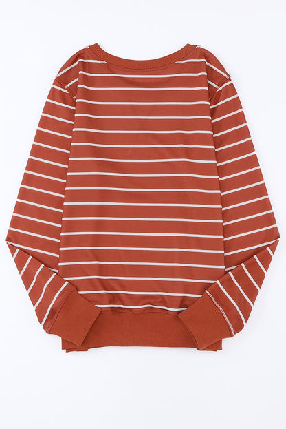 Red Striped Print Ribbed Trim Long Sleeve Top