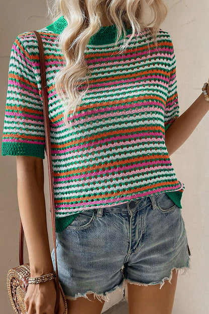 Dark Green Striped Pattern Contrast Trim Pointelle Knit T Shirt