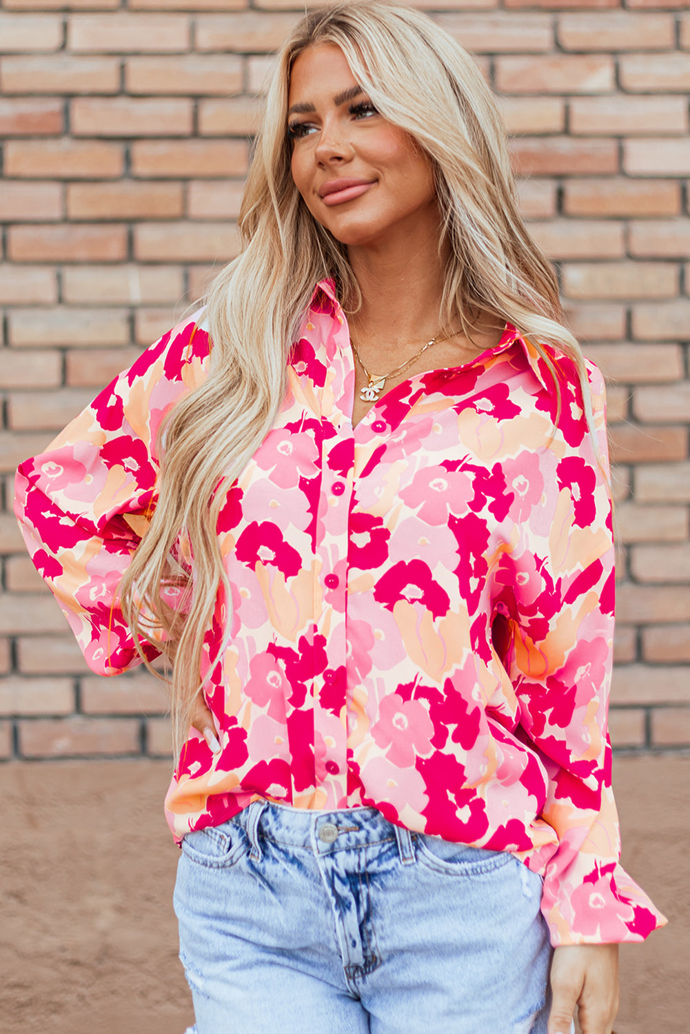 Pink Blooming Floral Print Puff Sleeve Buttoned Shirt