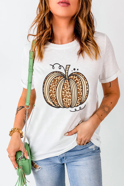 Wit luipaard pompoen grafische ronde hals Halloween T-shirt