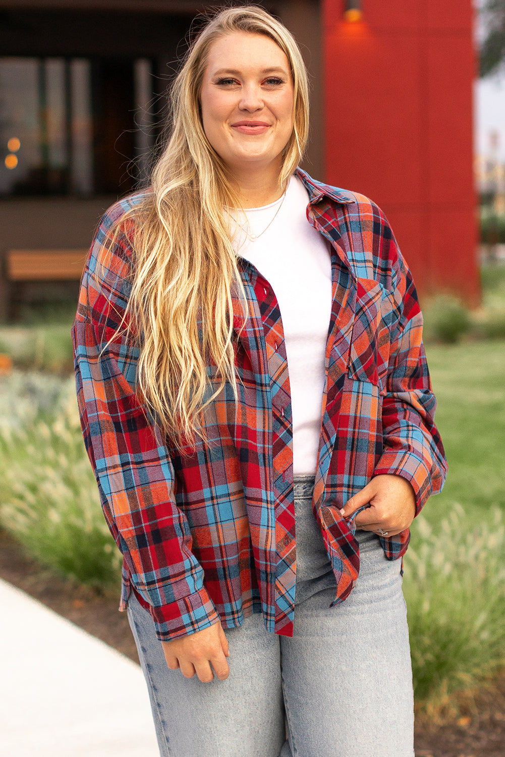 Rood plus size plaid print buttoned shirt