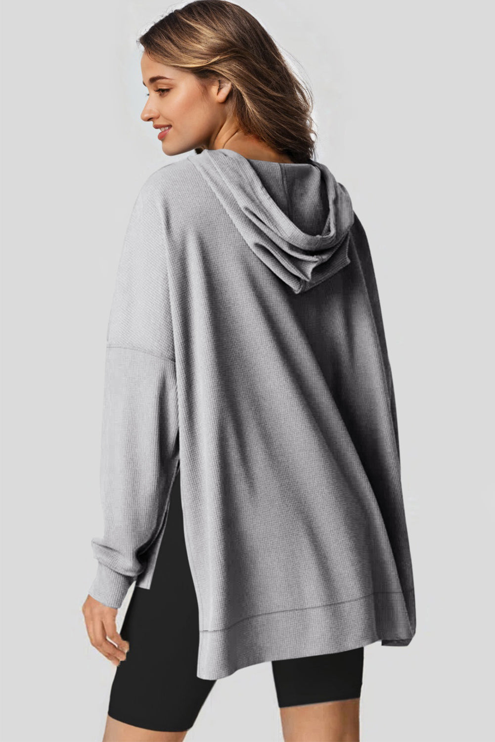 Grijze wafel gebreide fleece gevoerde high low oversized hoodie