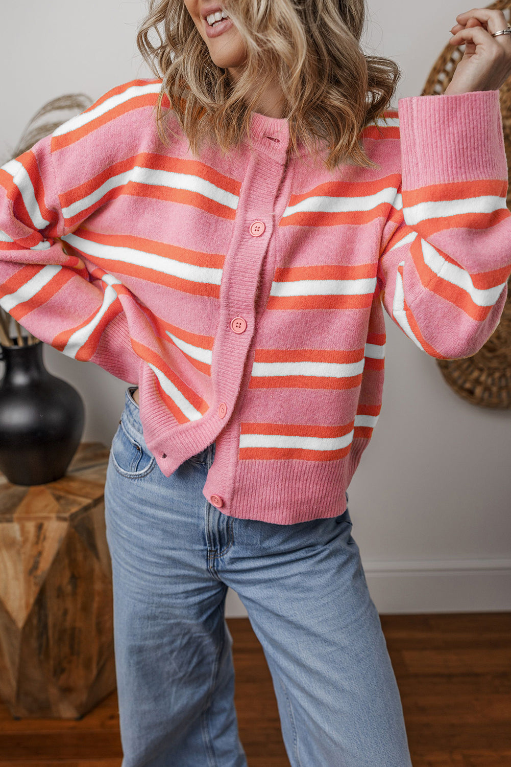 Roze gestreepte drop schouder knopen vest trui