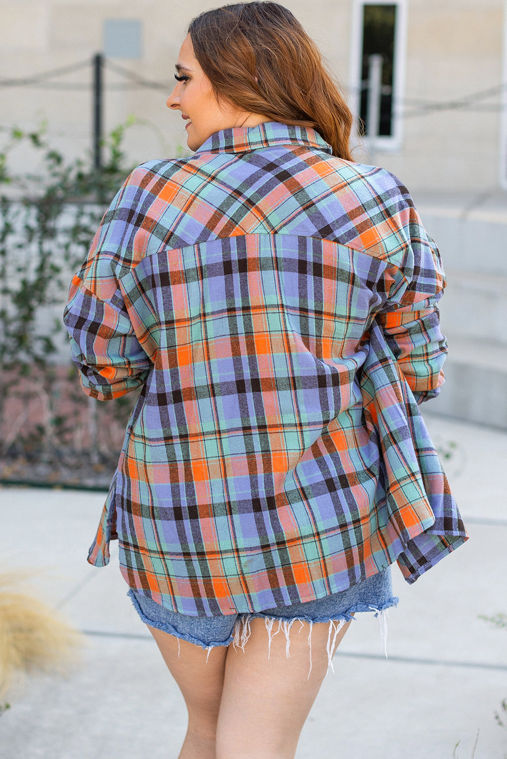 Oranje plus size geruite print shirt met knoop