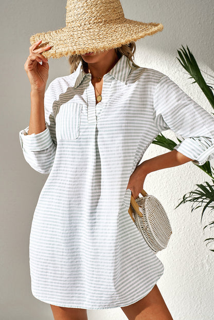 Witte streep Collared v Neck Borst Pocket Lange Mouw Beach Cover Up