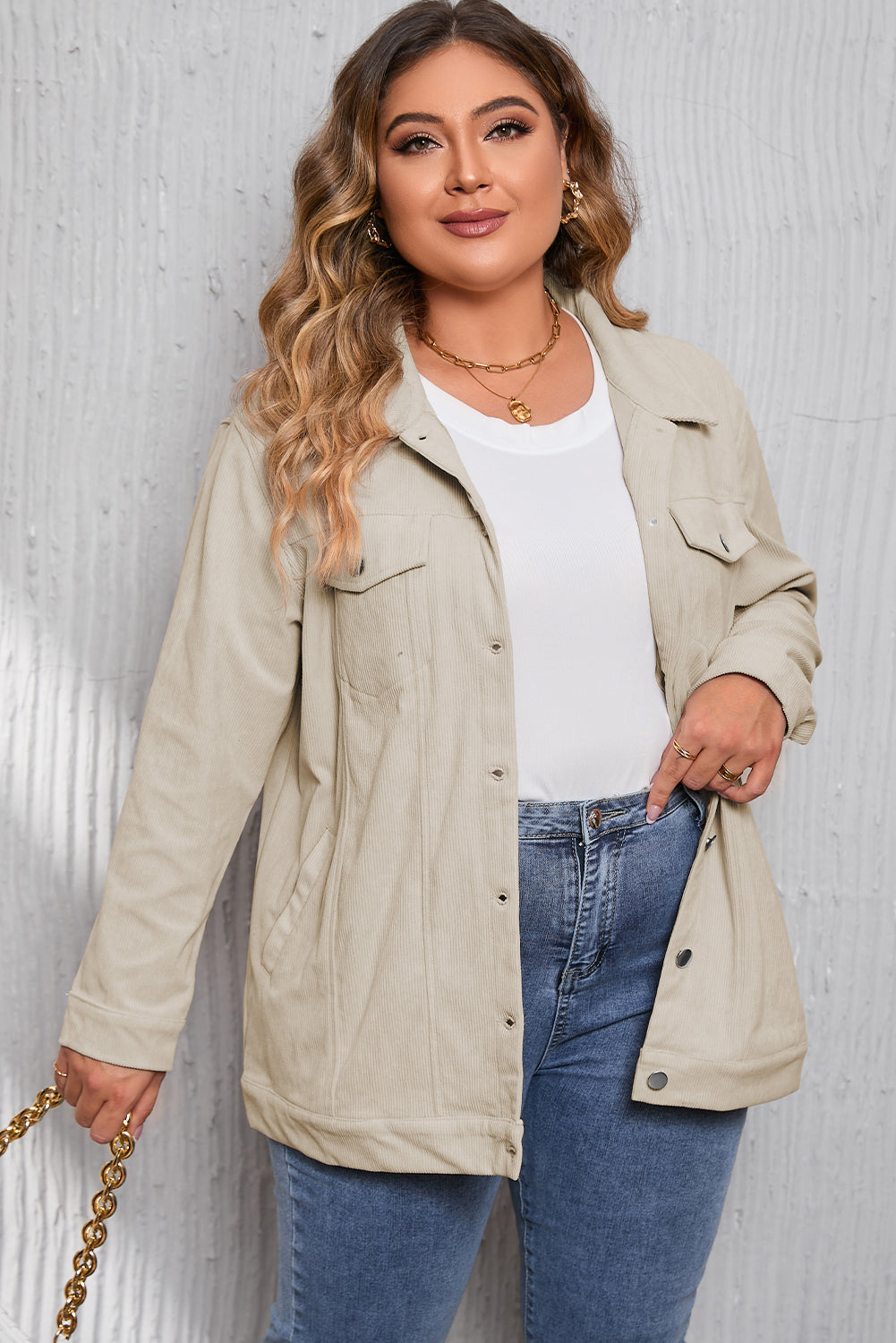 Kaki plus size gehaakt patroon corduroy jack aan de achterkant