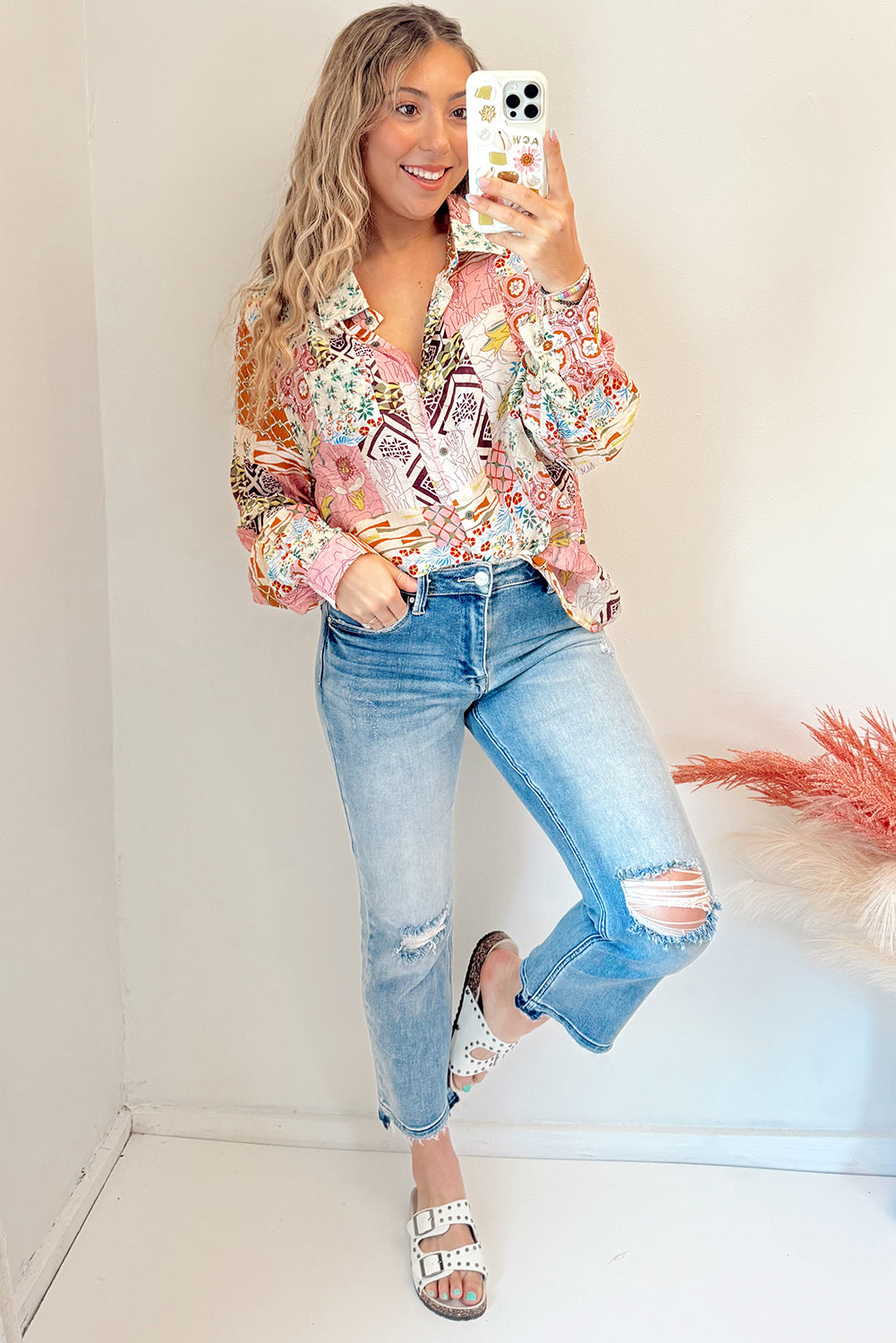 Pink Abstract Colorful Printed Button Down Shirt