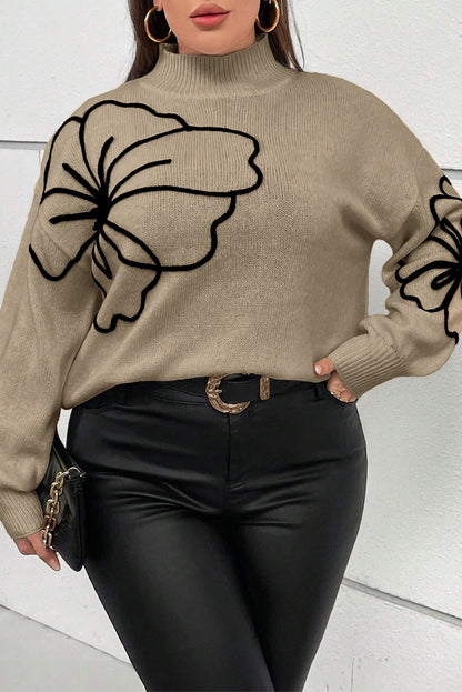 Donker Khaki Plus Size Grote Bloemenpatroon Hoge Hals Drop Schouder Trui