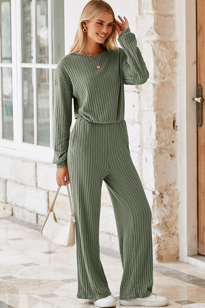 Lauriergroene effen geribbelde gebreide jumpsuit met sleutelgat aan de achterkant en hoge taille