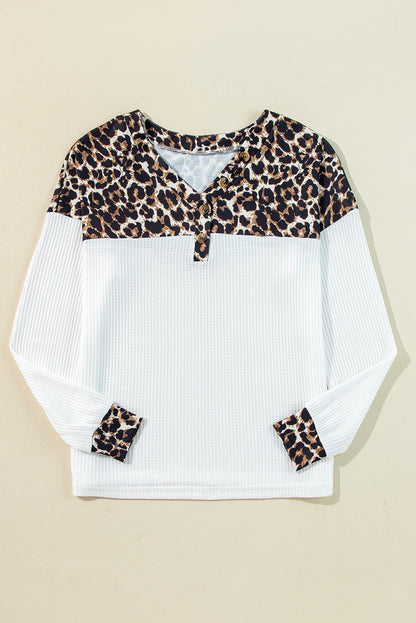 White Leopard Waffle Knit Patchwork Button V Neck Top