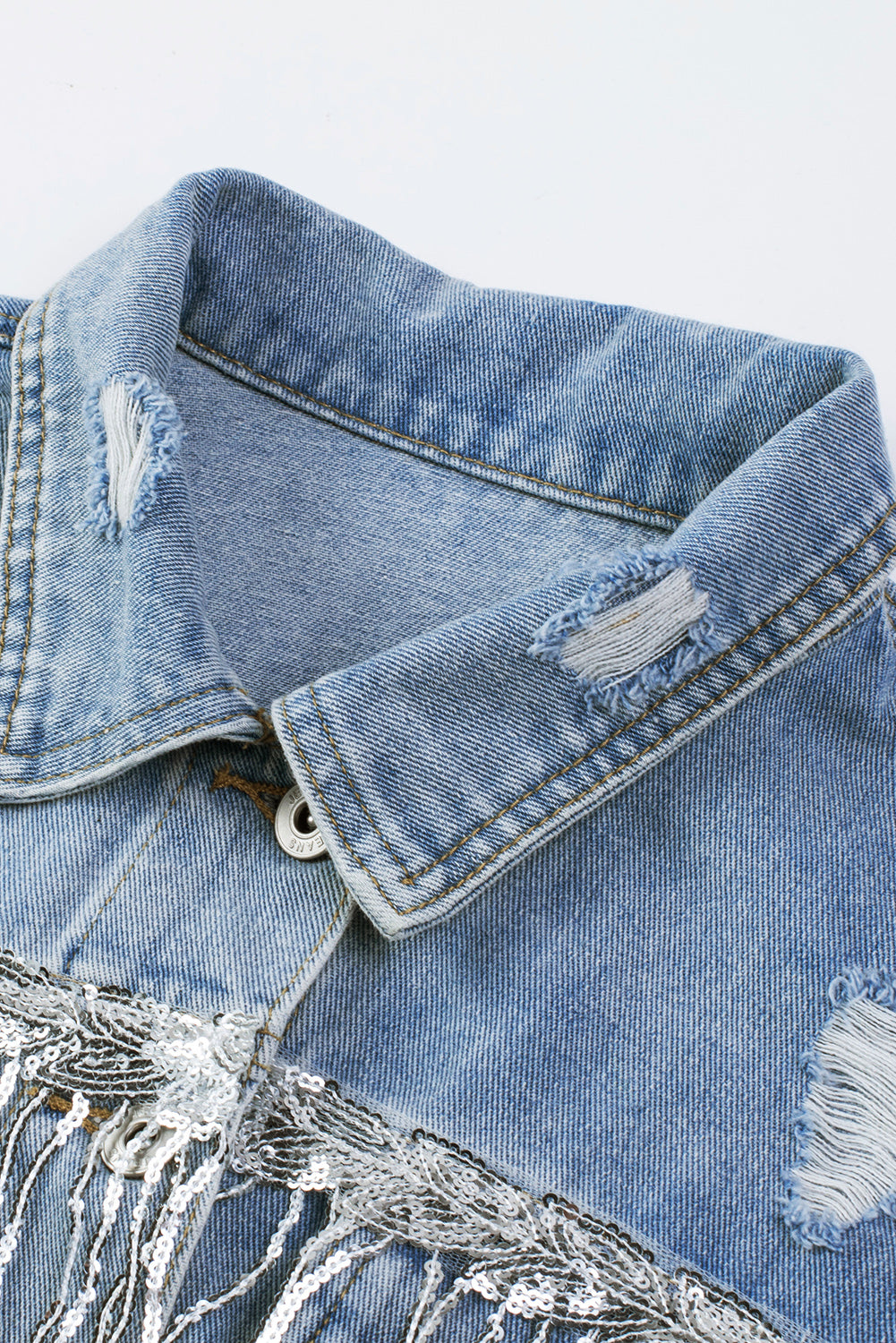 Hemelsblauw, met pailletten verfraaid denim jack met franjes