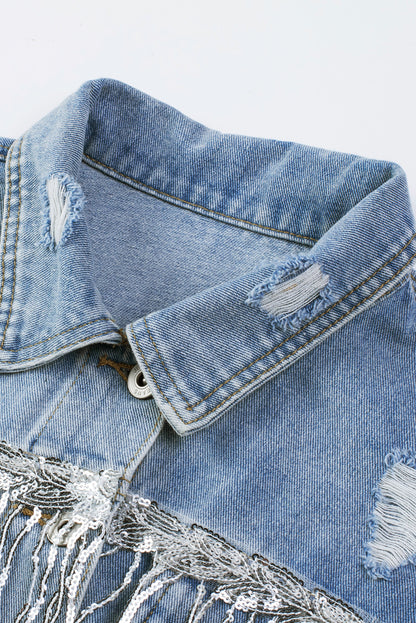 Hemelsblauw, met pailletten verfraaid denim jack met franjes