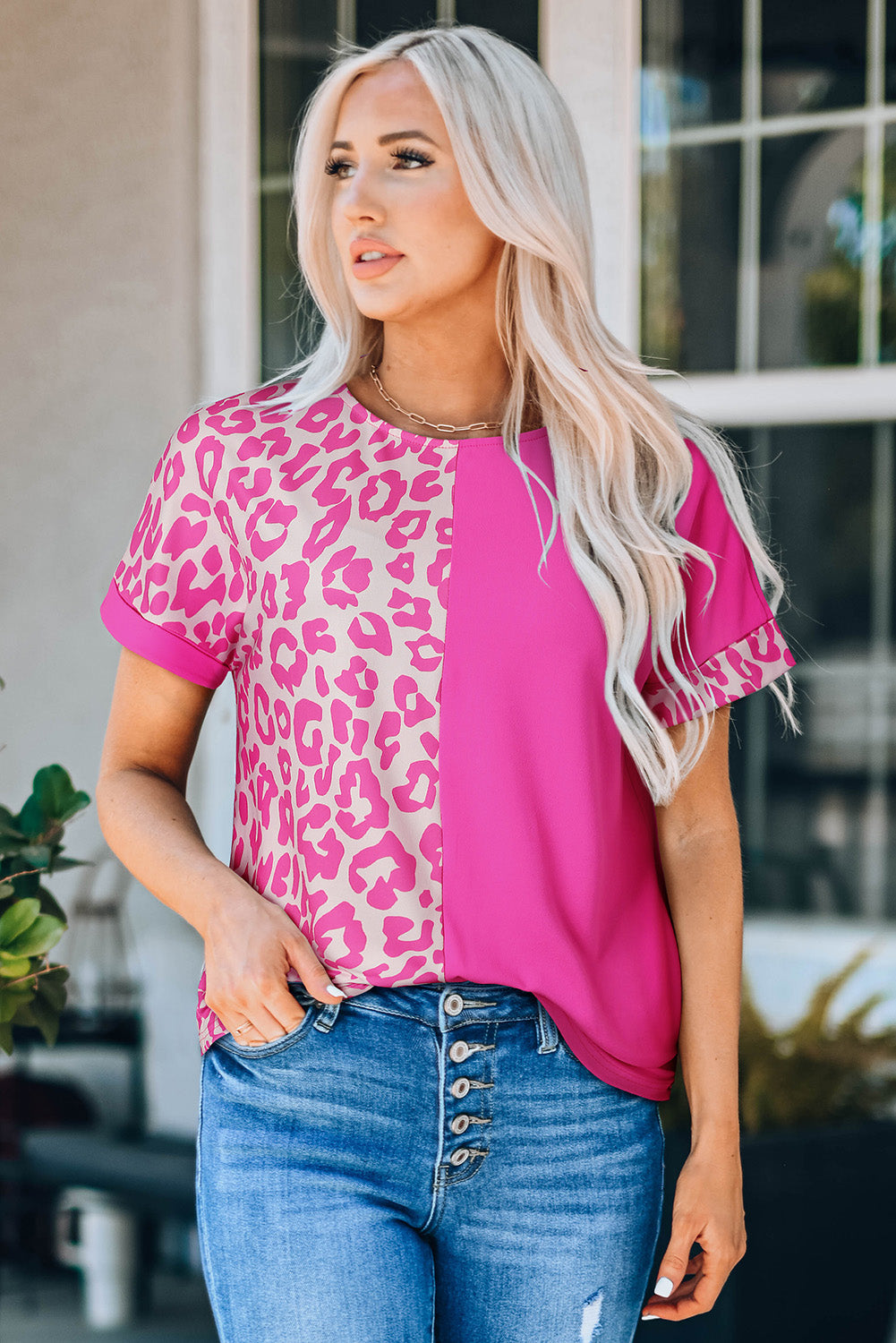 Rose Half Leopard Patchwork Short Sleeves Top